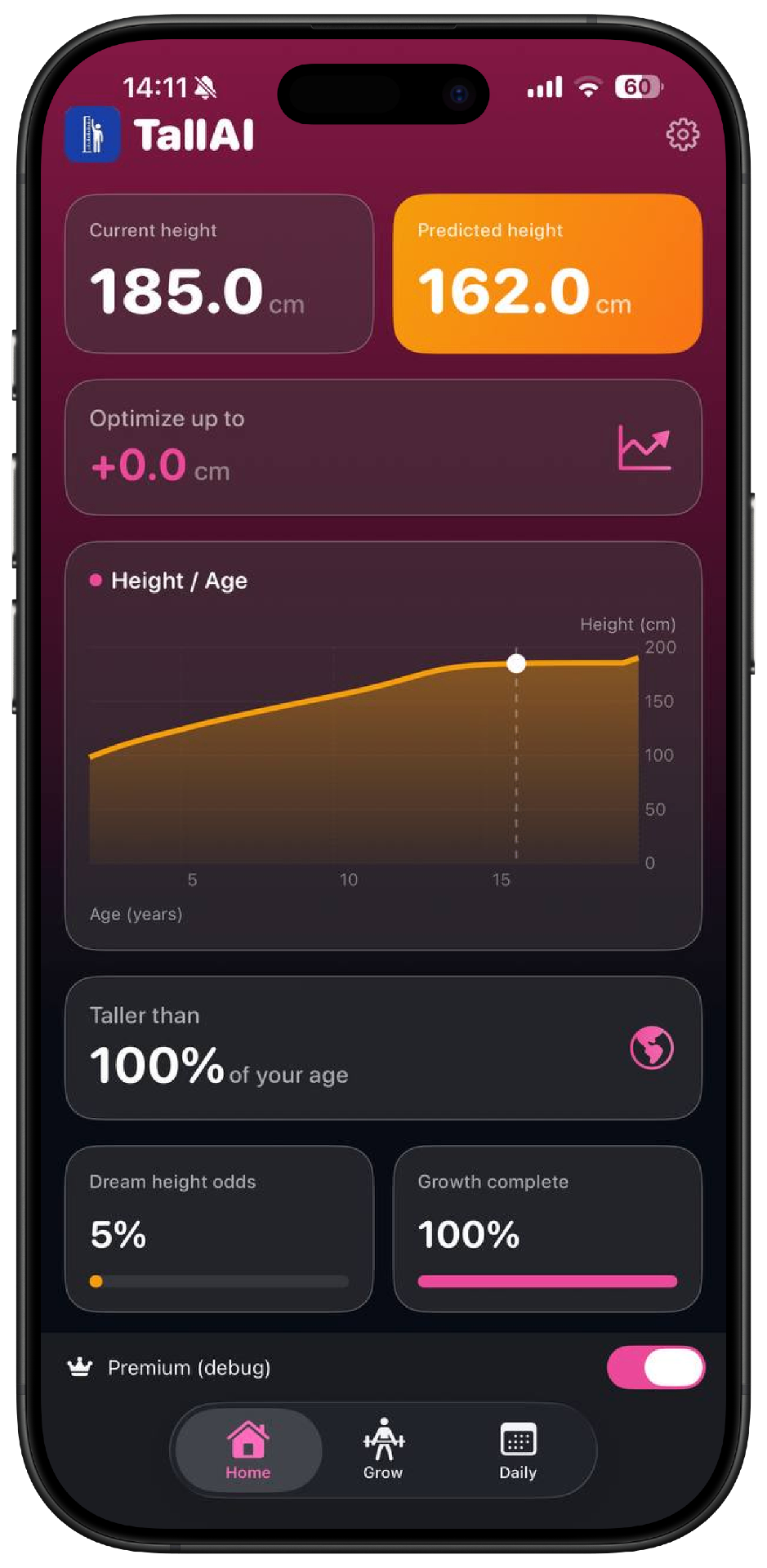TallTeen home dashboard — pink theme