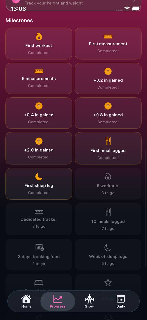 Milestones screen